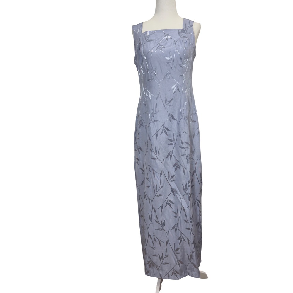Vintage 90s DBY Ltd Periwinkle Jacquard Maxi Dress Open Back Formal Gown Sz 9/10